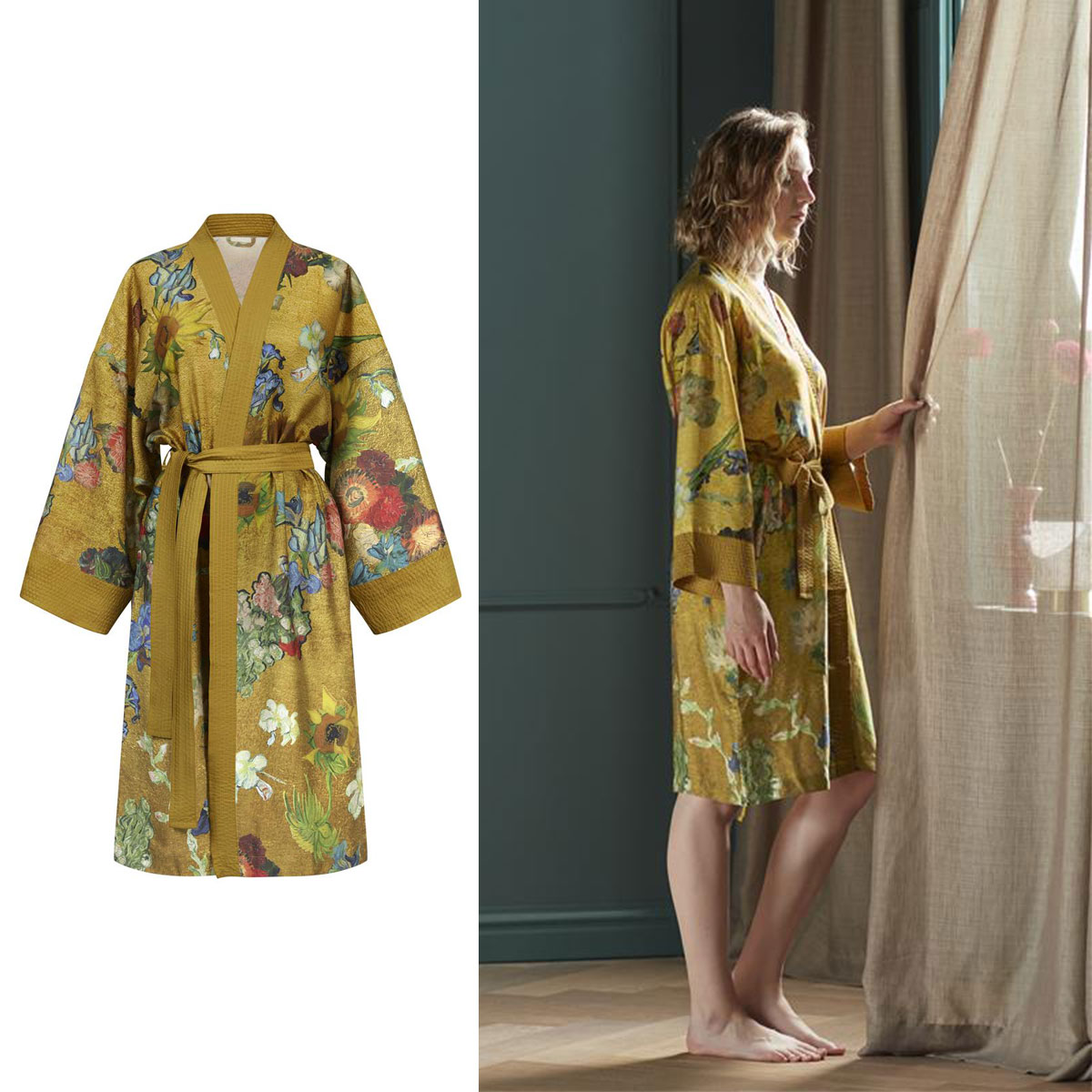 V442-HIN-BATHROBE-PARTOUTDESFLEURS-GOLD-L-83582-00 Bedding House Van Gogh Partout des Fleurs Gold Kimono Bath Robe Large/Extra Large - Image 1