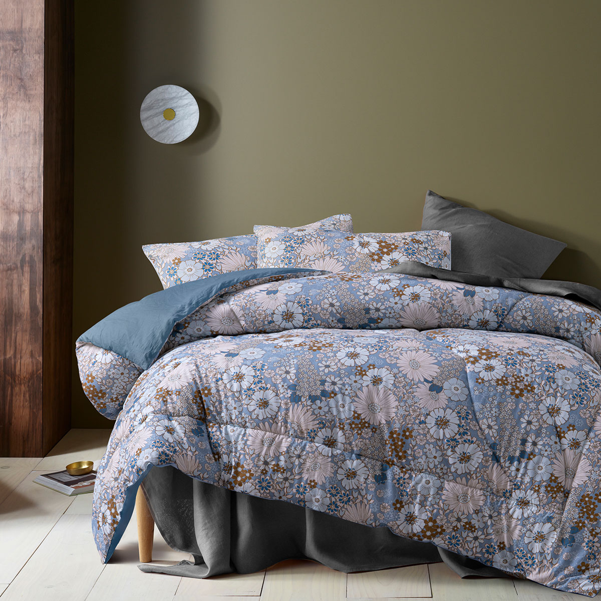 V442-HIN-COMFORTER-RAINBOWGARDEN-BLUE-QS-197094-00 Accessorize 3 Pcs Rainbow Garden Blue Washed Cotton Comforter Set Queen - Image 1