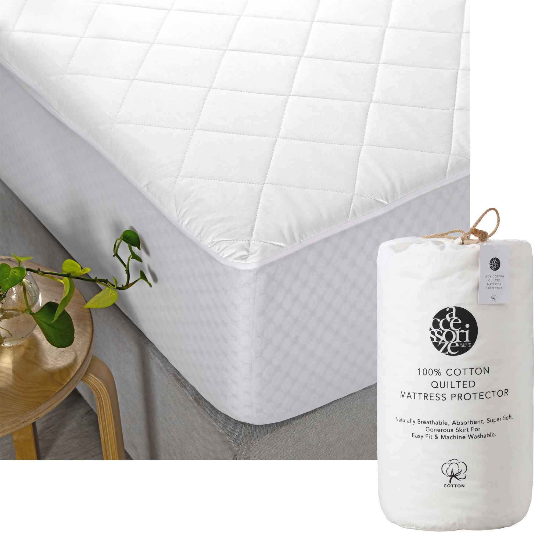 V442-HIN-MATTRESSP-COTTONQUILTED-WHITE-KS-82412-00 Accessorize Cotton Quilted Mattress Protector King Single - Image 1