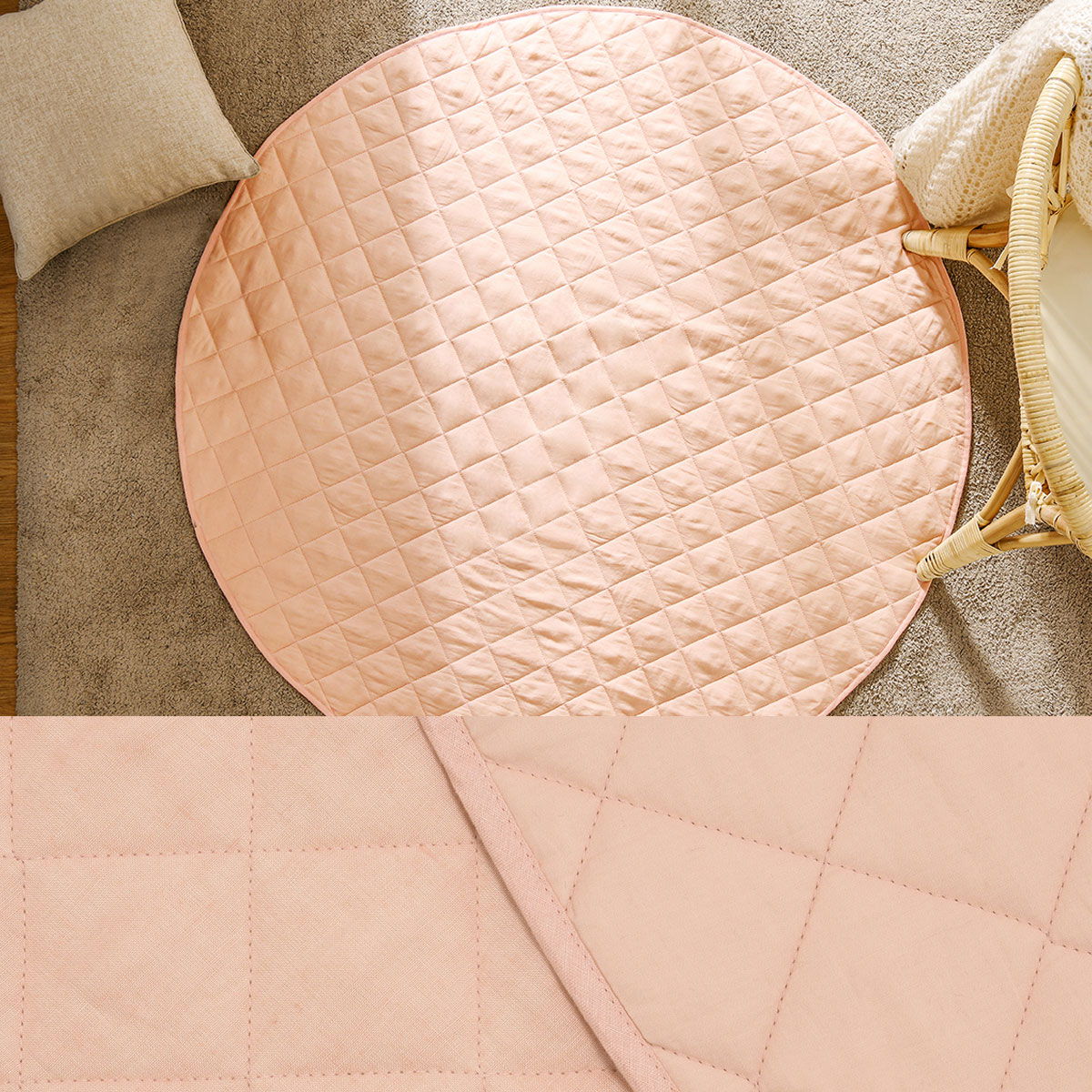 V442-HIN-MISC-BABYPLAYMAT-PEACH-RD-83755-00 Little Gem Round Linen Cotton Baby Play Mat Peach 130cm Diameter - Image 1