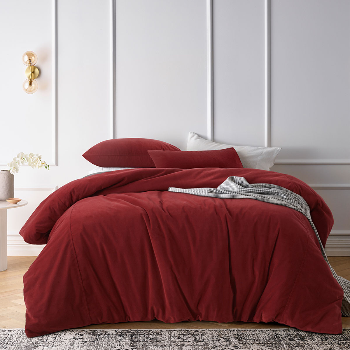 V442-HIN-QUILTCS-COTTONVELVET-ROUGE-KI-83298-00 Vintage Design Homewares Cotton Velvet Quilt Cover Set Rouge King - Image 1