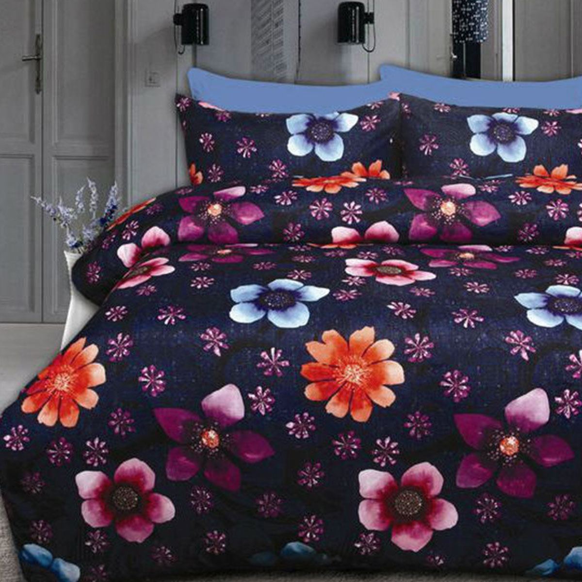 V442-HIN-QUILTCS-FLOATINGFLOWERS-NAVY-SB-167608-00 Big Sleep Floating Flowers Quilt Cover Set Single - Image 1