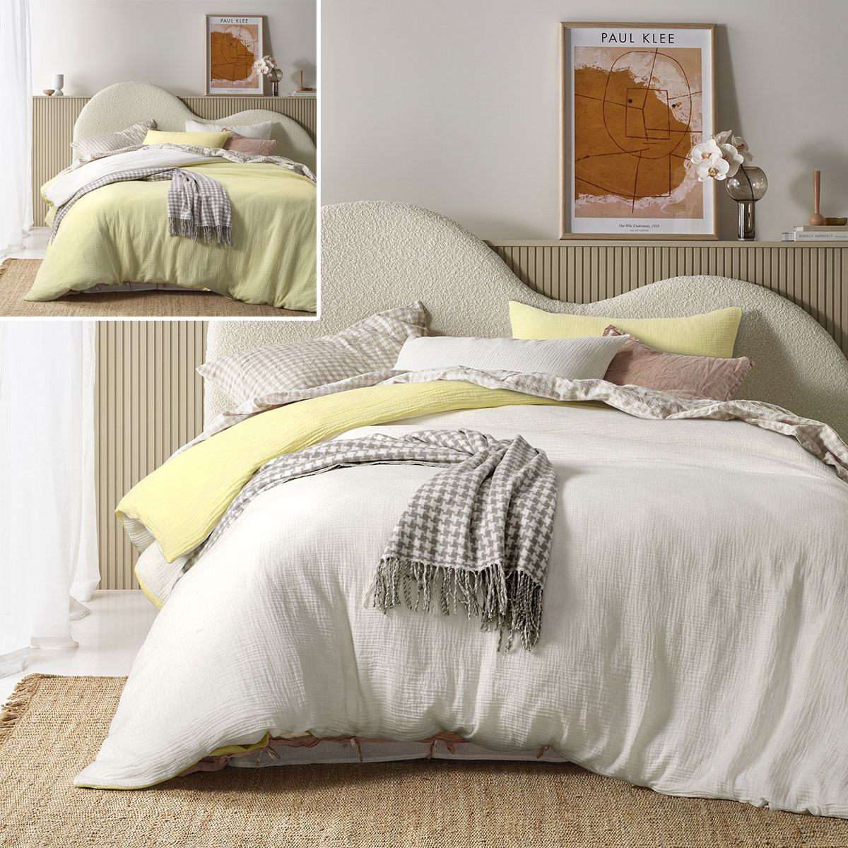 V442-HIN-QUILTCS-HUGO-WHITEBUTTER-QS-82650-00 Vintage Design Homewares Hugo Reversible White Butter Cotton Gauze Quilt Cover Set Queen - Image 1