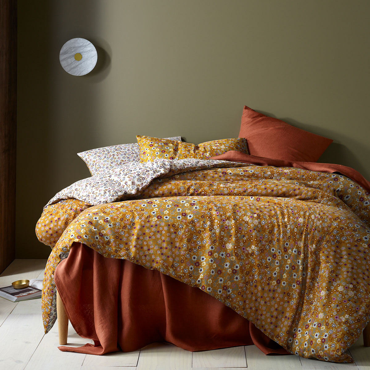 V442-HIN-QUILTCS-LISA-OCHRE-QS-83557-00 Accessorize Lisa Ochre Washed Cotton Printed Quilt Cover Set Queen - Image 1