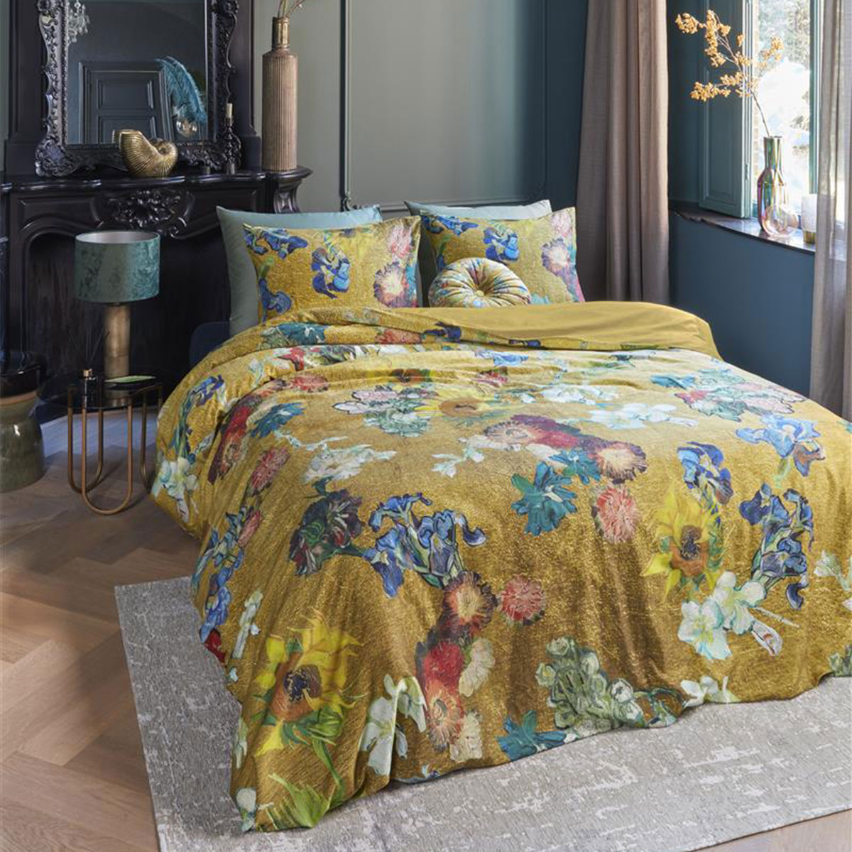 V442-HIN-QUILTCS-PARTOUTDESFLEURS-GOLD-QS-83651-00 Bedding House Van Gogh Partout des Fleurs Gold Cotton Sateen Quilt Cover Set Queen - Image 1