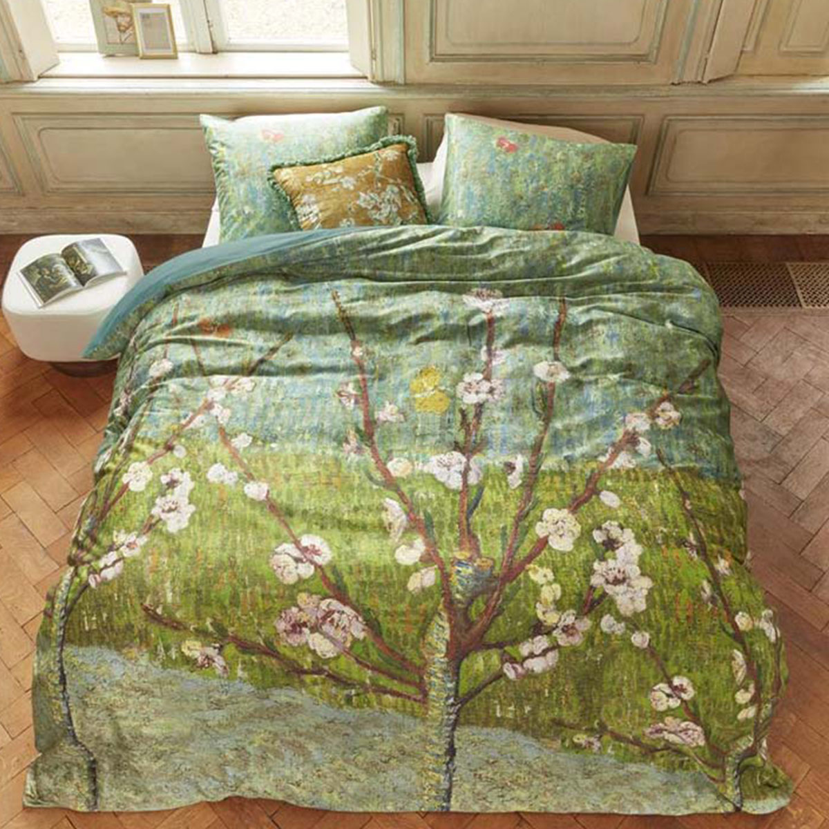 V442-HIN-QUILTCS-PEACHTREES-GREEN-KI-158455-00 Bedding House Van Gogh Peach Trees Green Cotton Sateen Quilt Cover Set King - Image 1