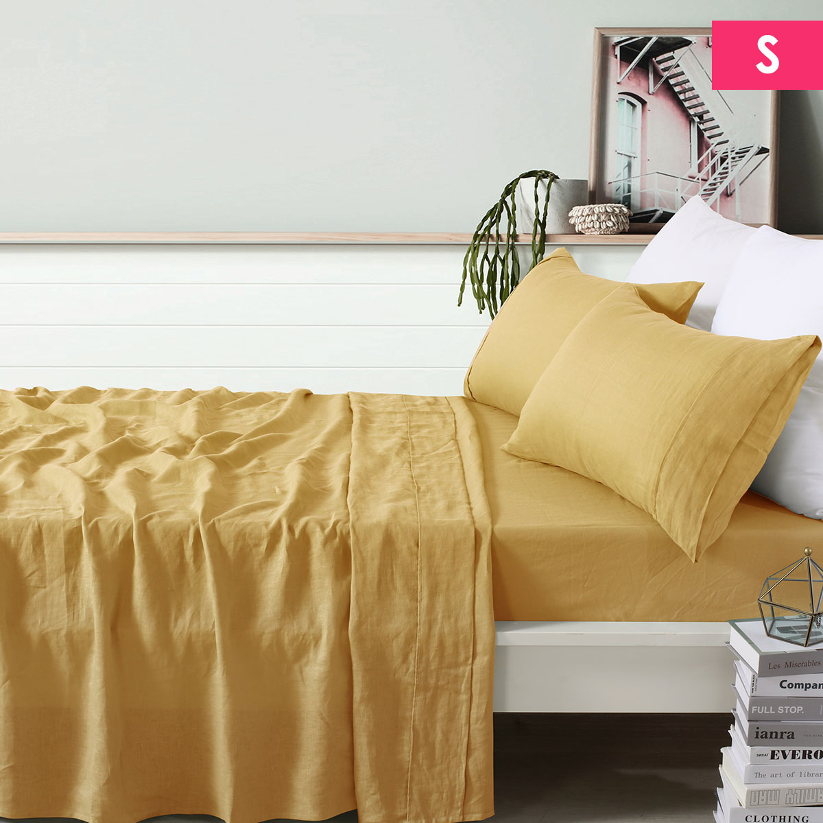 V442-HIN-SHEETS-LINEN-OCHRE-SB-83026-00 Vintage Design Homewares 100% Linen Ochre Sheet Set Single - Image 1