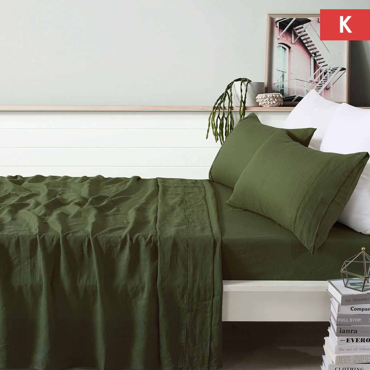 V442-HIN-SHEETS-LINEN-OLIVE-KI-83023-00 Vintage Design Homewares 100% Linen Olive Sheet Set King - Image 1