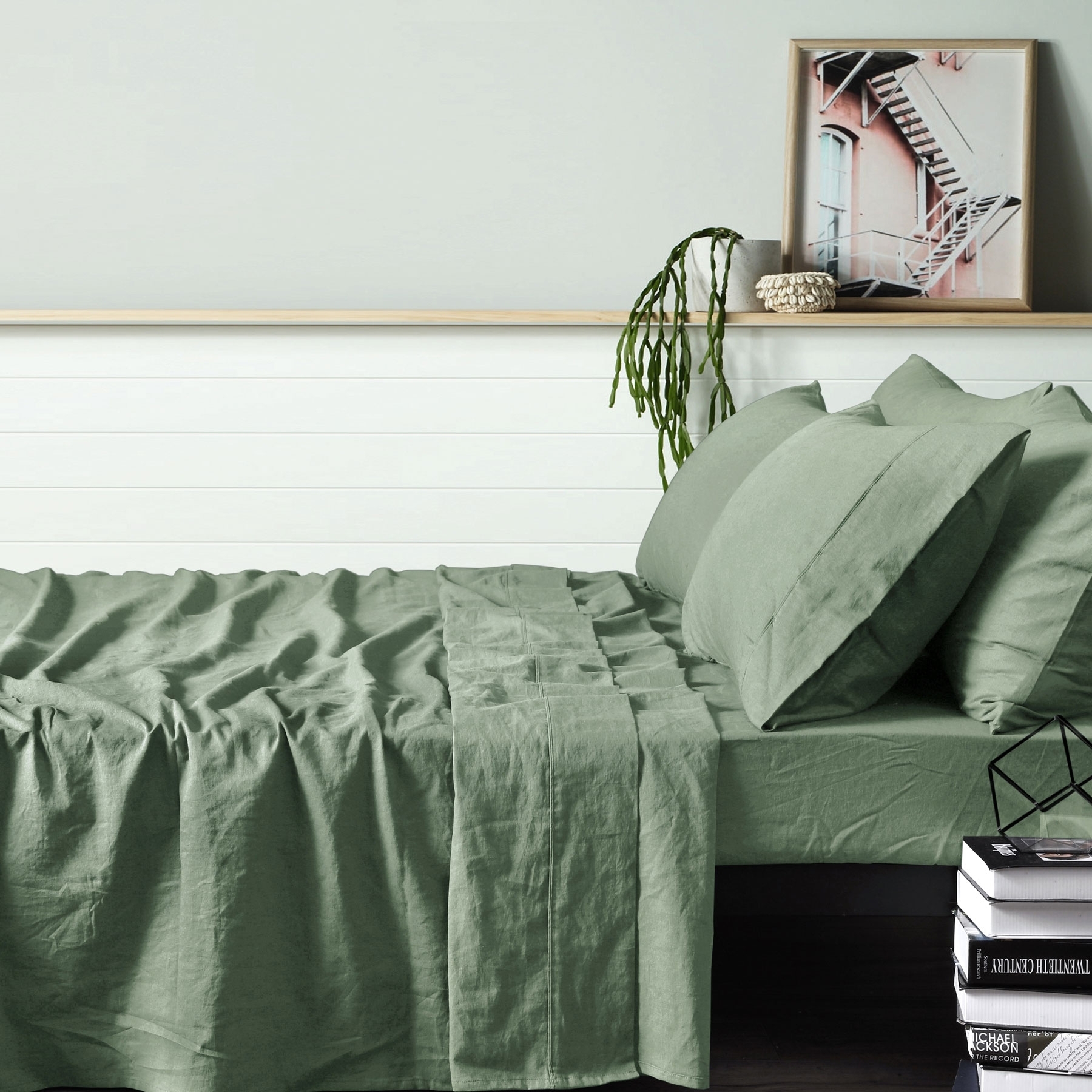 V442-HIN-SHEETS-LINEN-SAGE-DS-83017-00 Vintage Design Homewares 100% Linen Sage Sheet Set DOUBLE - Image 1
