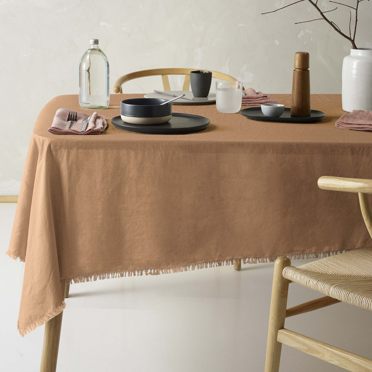 V442-HIN-TABLEC-GYPSYLINENC230CM-TERRA-RE-202830-00 Vintage Design Homewares Gypsy Terracotta Fringed Washed Linen Cotton Tablecloth 150cm x 230cm - Image 1