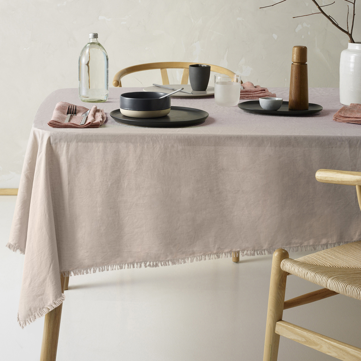 V442-HIN-TABLEC-GYPSYLINENC275CM-NATURAL-RE-202824-00 Vintage Design Homewares Gypsy Natural Fringed Washed Linen Cotton Tablecloth 150cm x 275cm - Image 1