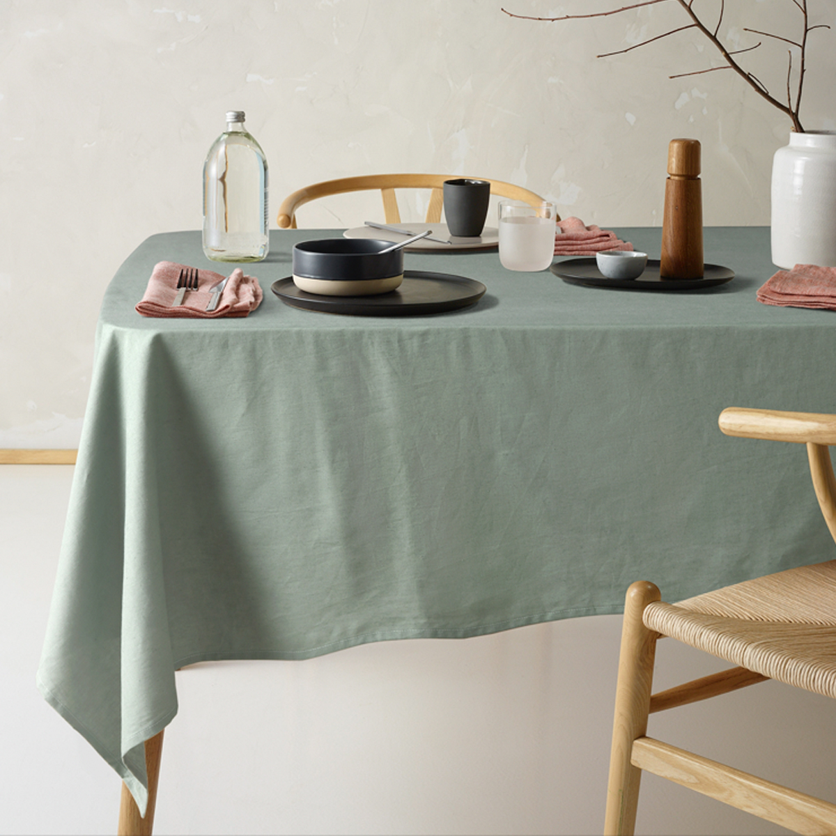 V442-HIN-TABLEC-HELMLINENC180CM-GREEN-RE-202752-00 Vintage Design Homewares Helm Green Washed Linen Cotton Tablecloth 130cm x 180cm - Image 1