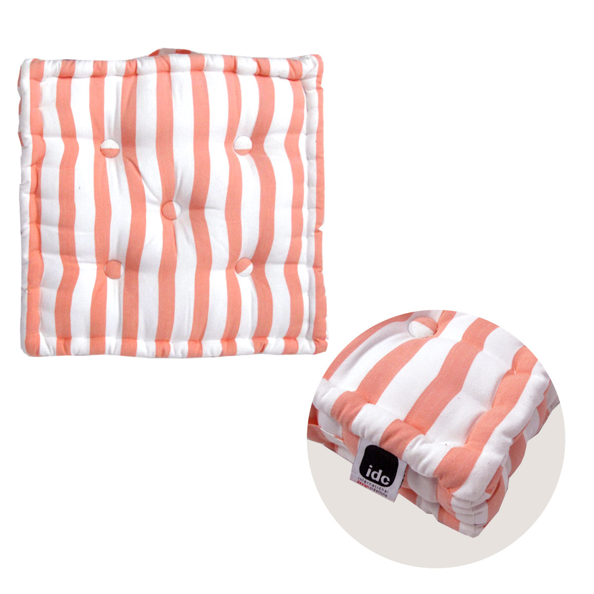 V442-IDC-CUSHION-STRIPESBOX-CORAL-SQ-78415-00 IDC Homewares Coral Stripes Box Cushion 40 x 40 x 10 cm - Image 1
