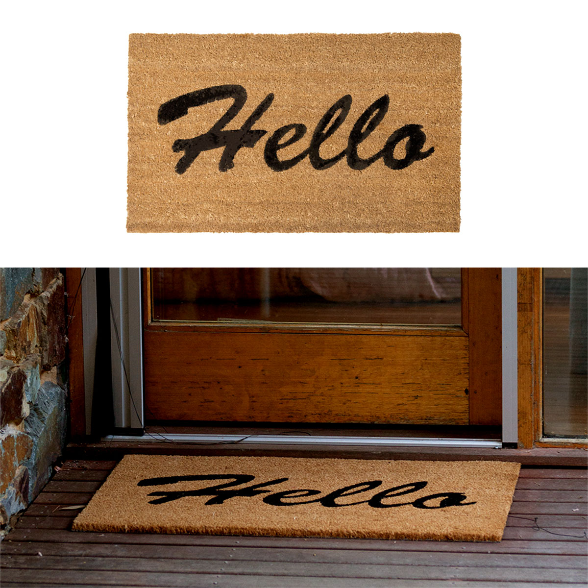 V442-IDC-FLOORR-COIRHELLO75CM-WHEAT-RE-78649-00 J.Elliot Home Hello PVC Backed Coir Printed Door Mat - Image 1