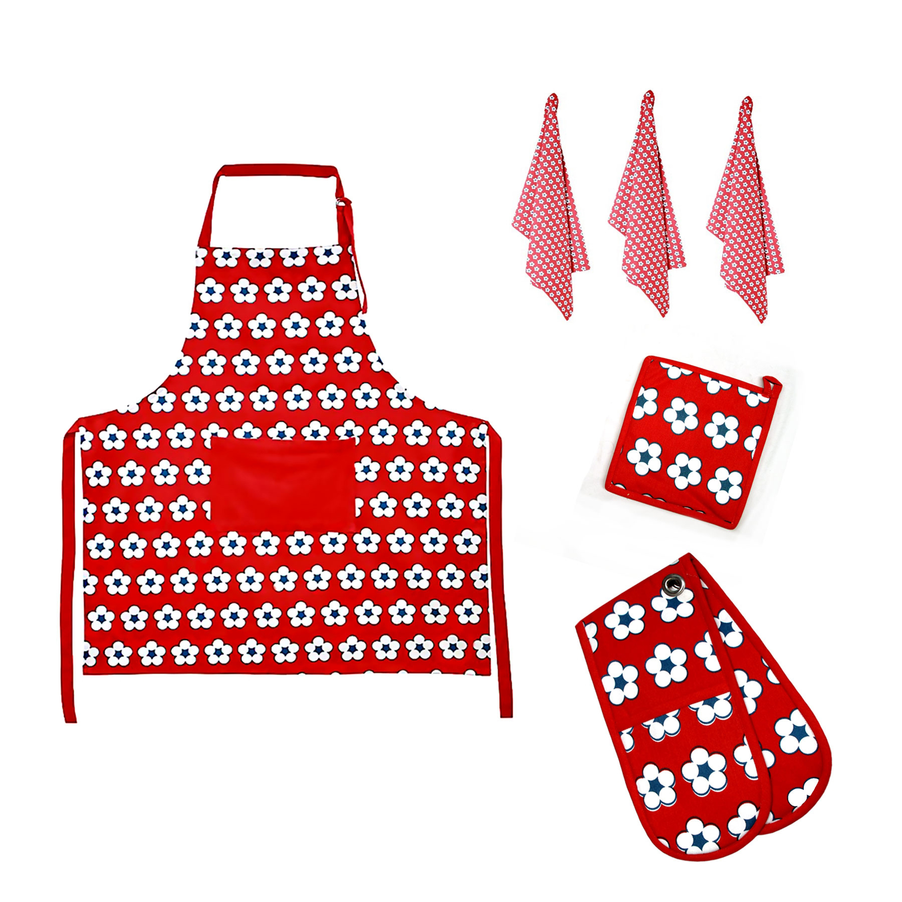 V442-IDC-MISC-6PCEKITCHENSETCOTTONBUD-RED-SH-78641-00 IDC Homewares 6 Pce Cotton Bud Cotton Kitchen Set Red - Image 1