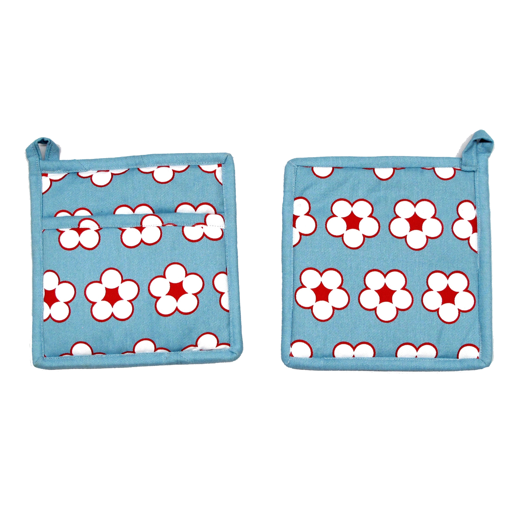 V442-IDC-OVENM-COTTONBUD1-BLUE-SQ-78631-00 IDC Homewares Set of 2 Cotton Bud Blue Pot Holders - Image 1