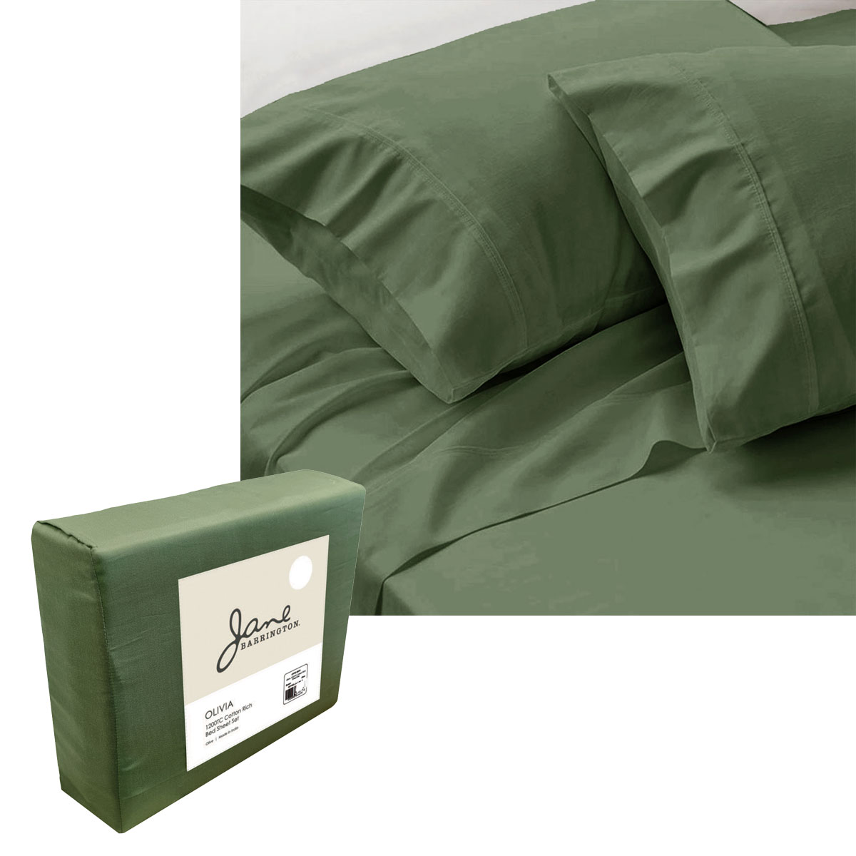 V442-IDC-SHEETS-OLIVIA1200TC-OLIVE-QS-177463-00 Jane Barrington 1200TC Olivia Cotton Rich Sheet Set 40cm Wall Olive Queen - Image 1