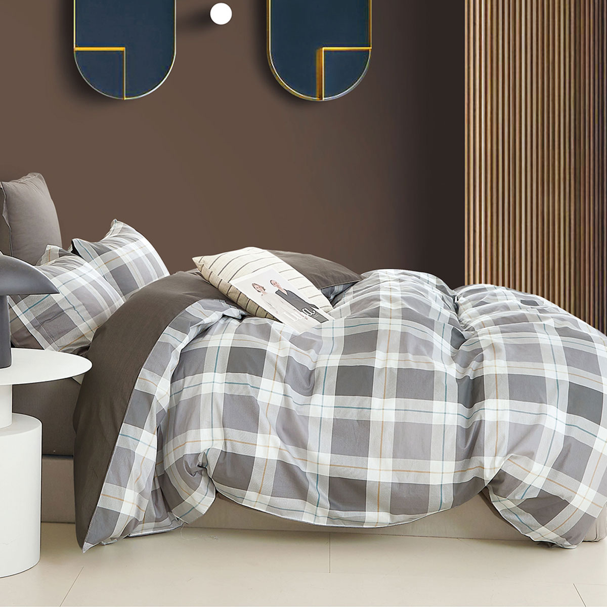 V442-INT-QUILTCS-250TCCHESTER-GREY-QS-159133-00 Ardor 250TC Chester Plaid Cotton Sateen Quilt Cover Set Queen - Image 1