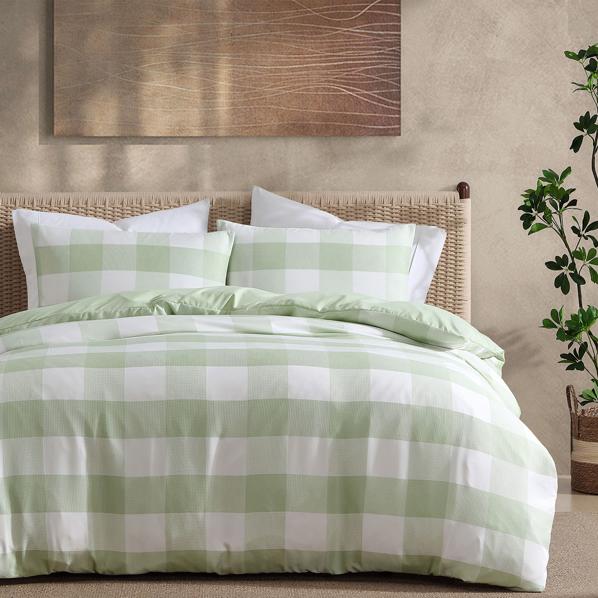 V442-INT-QUILTCS-ASHLEAWAFFLE-SAGE-KI-202507031625-00 Ardor Ashlea Sage Oversized Waffle Check Quilt Cover Set King - Image 1