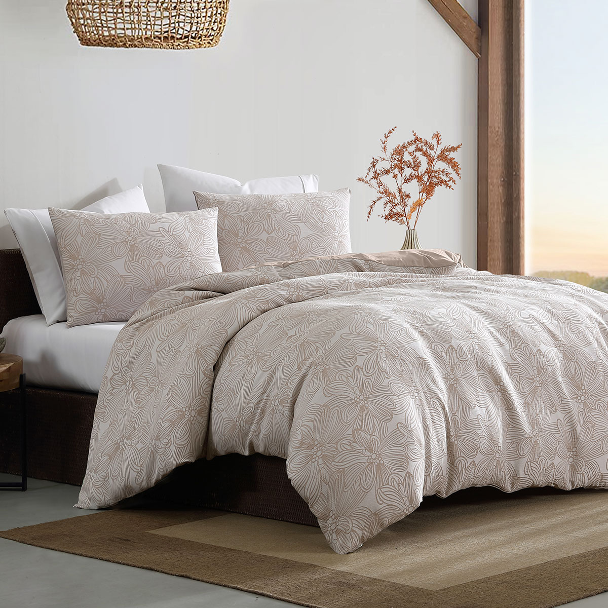 V442-INT-QUILTCS-AVENAJACQUARD-ALMOND-KI-202507031621-00 Ardor Avena Almond Textured Floral Jacquard Quilt Cover Set King - Image 1