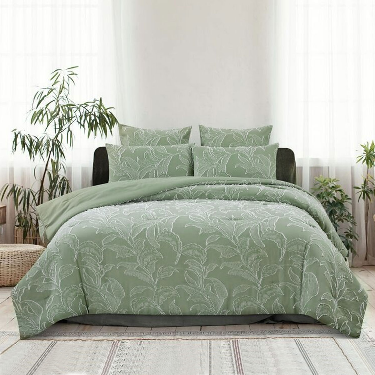 V442-INT-QUILTCS-KIAH-PALEOLIVE-QS-144517-00 Ardor Kiah Pale Olive Textured Clipped Jacquard Quilt Cover Set Queen - Image 1