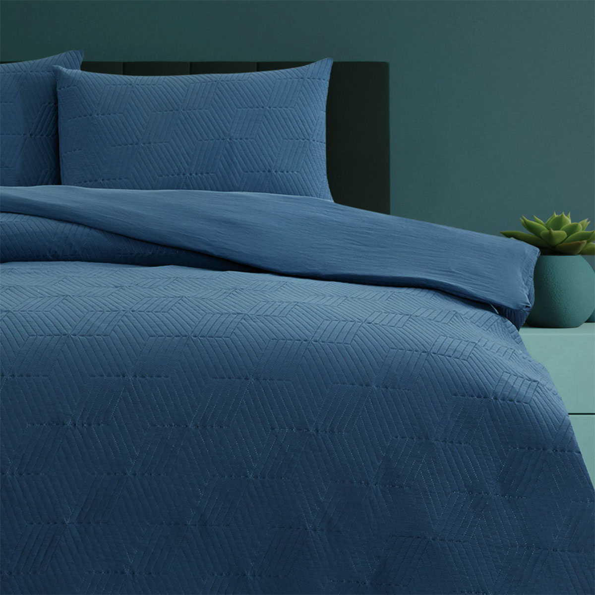 V442-INT-QUILTCS-MAXWELL-NAVY-QS-144511-00 Ardor Maxwell Navy Embossed Vintage Washed Quilt Cover Set Queen - Image 1