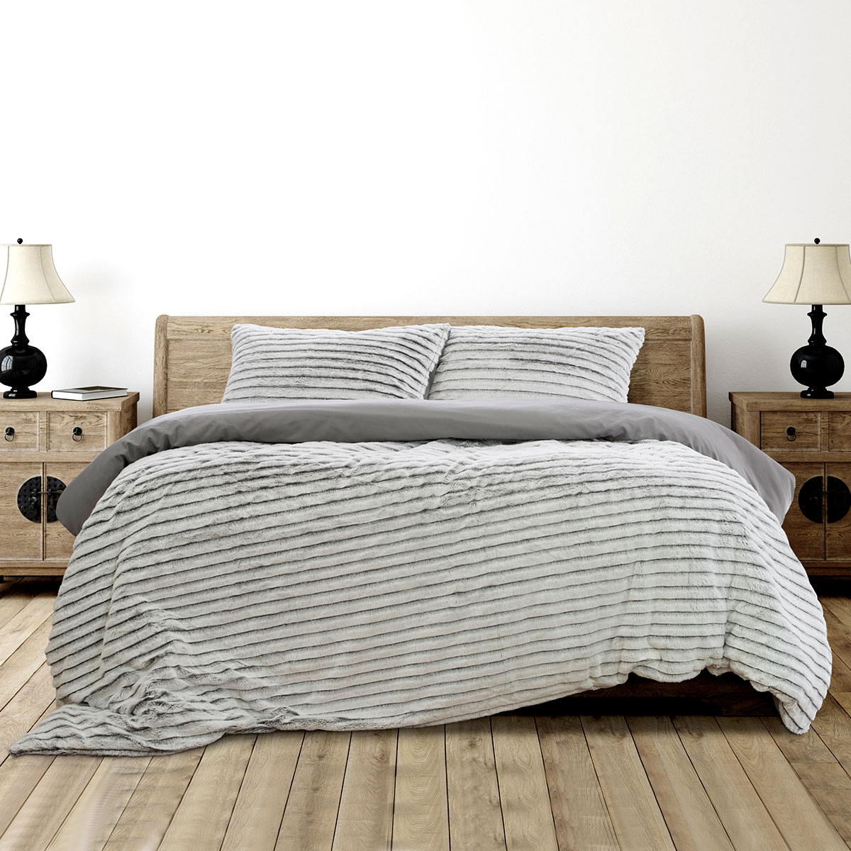 V442-INT-QUILTCS-STRIPEDFAUXFUR-GREY-DS-144618-00 Ardor Striped Faux Fur Grey Super Soft Quilt Cover Set Double - Image 1