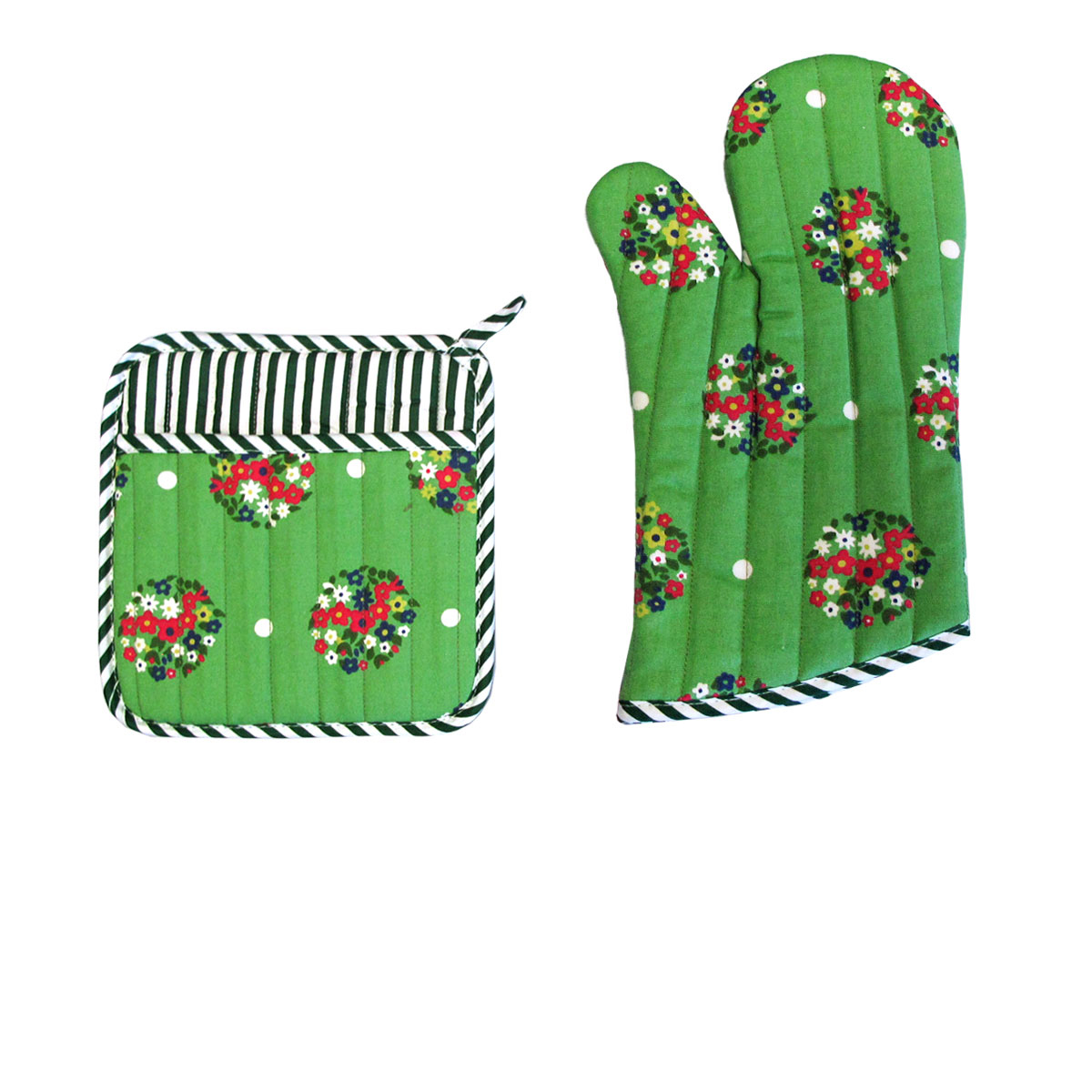 V442-JTC-OVENM-BLOSSOMMIXSET-GREEN-SQ-185244-00 Set of 100% Cotton Printed Oven Mitt + Pot Holder Green Blossom - Image 1