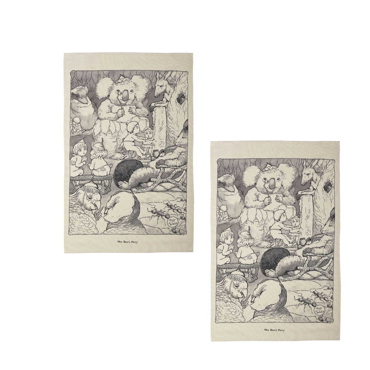 V442-JTC-TEAT-SETOF2MRSBEARSPARTY-NATURAL-RE-183887-00 Set of 2 May Gibbs Mrs Bear's Party Cotton Heritage Tea Towels 50 x 70 cm - Image 1