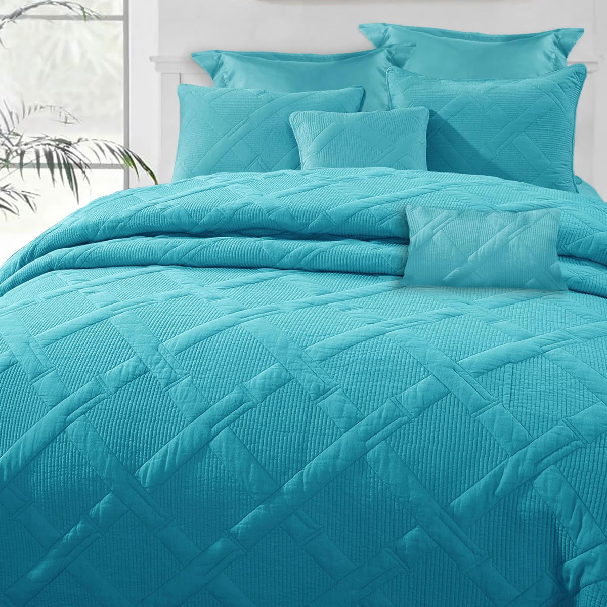 V442-KIT-COMFORTER-7PCAIRCLOUD-AQUA-KI-202503241620-00 Ramesses Aqua 7- Piece Air Cloud Bamboo Blend Matelasse Comfort Set King - Image 1
