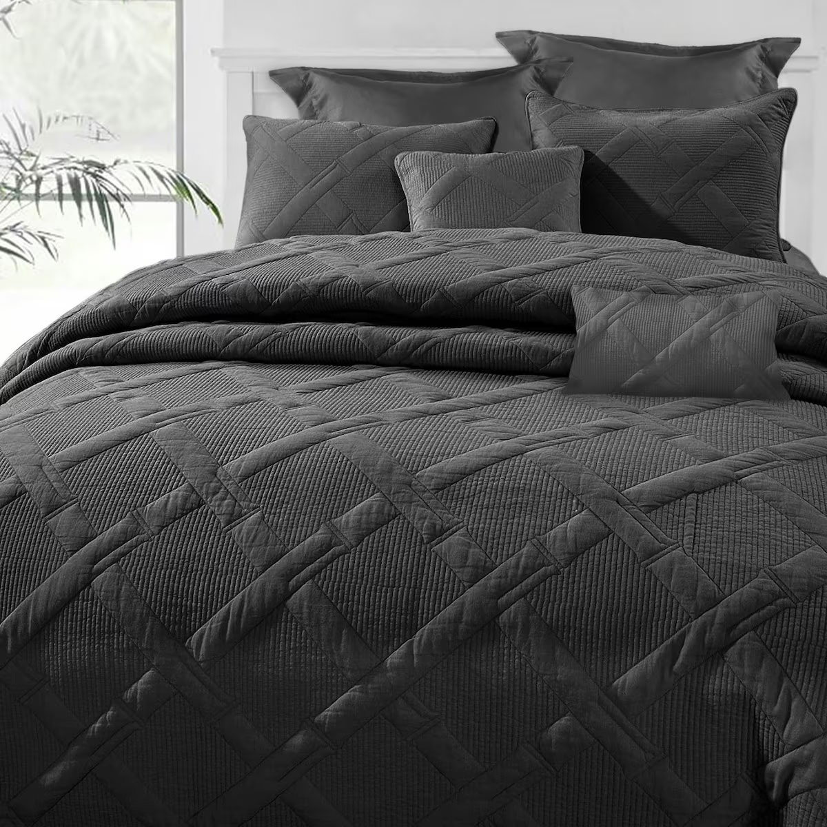 V442-KIT-COMFORTER-7PCAIRCLOUD-CHARCOAL-KI-202503241621-00 Ramesses Charcoal 7- Piece Air Cloud Bamboo Blend Matelasse Comfort Set King - Image 1