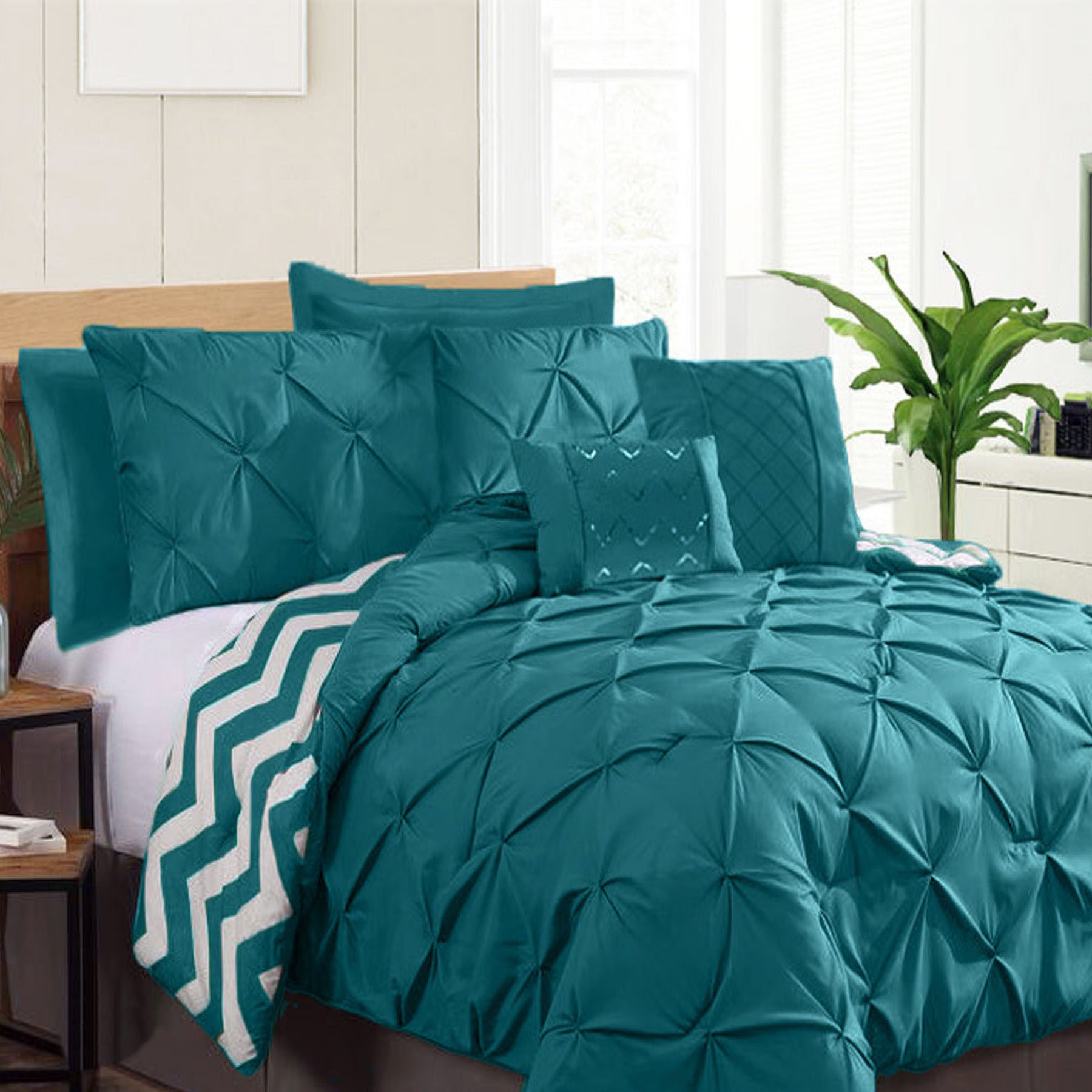 V442-KIT-COMFORTER-PINCHPLEAT-TEAL-QS-146464-00 Ramesses 7 Piece Pinch Pleat Comforter Set Teal Queen - Image 1
