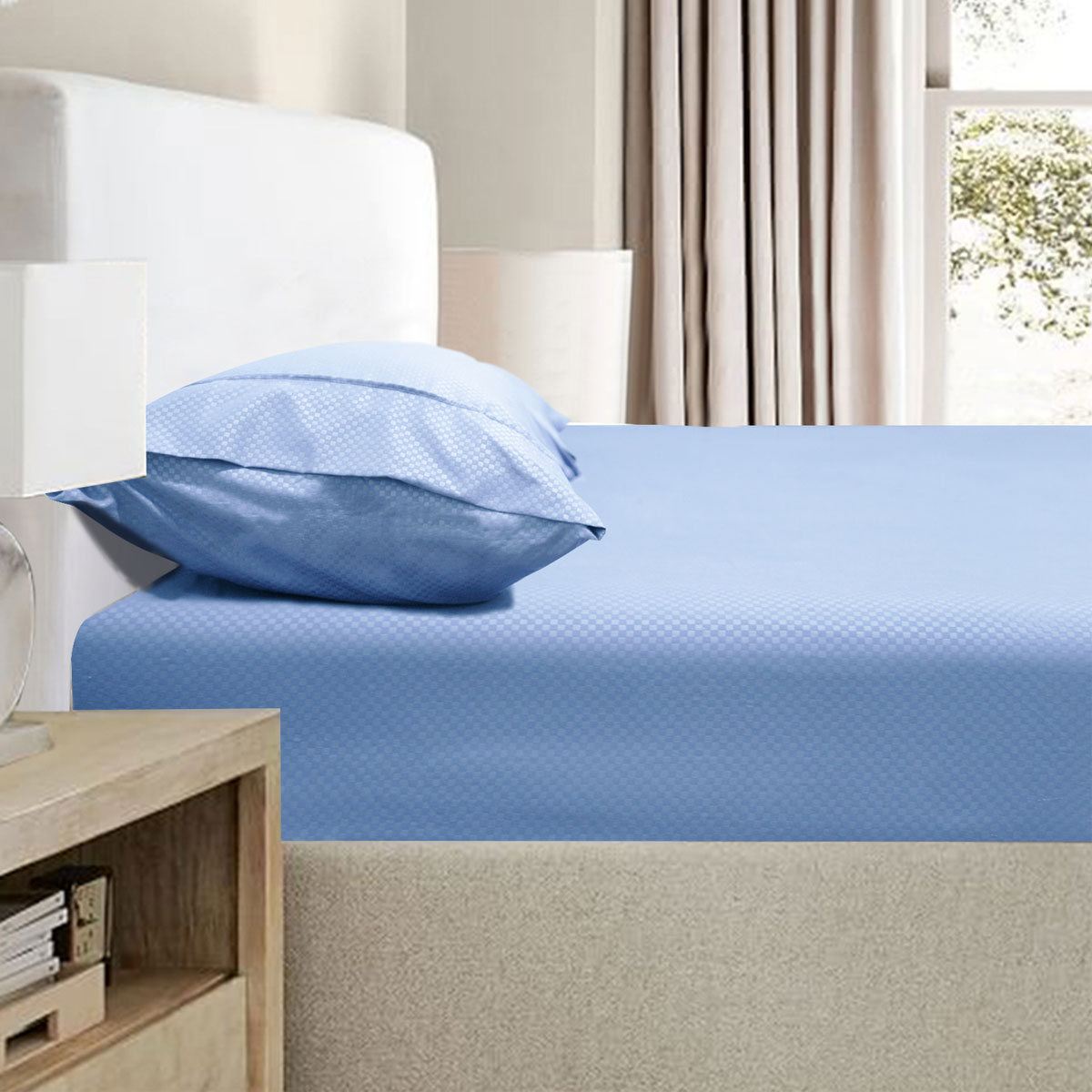 V442-KIT-FITTEDSS-2000TCBAMBOO-MIDBLUE-KS-174597-00 Ramesses 2000TC Bamboo Embossed Fitted Sheet Combo Set Mid Blue King Single - Image 1
