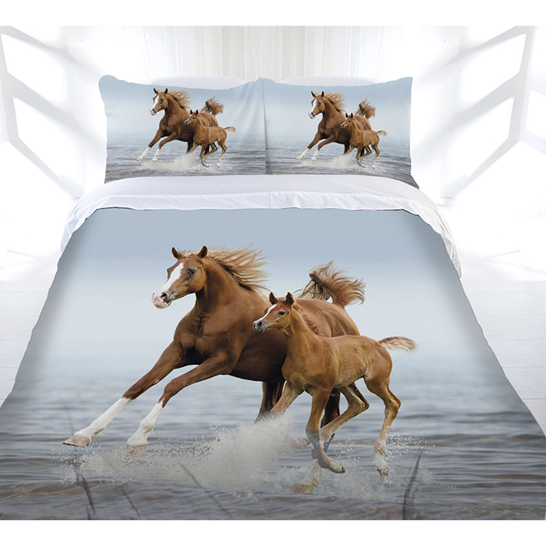 V442-LDE-QUILTCS-FROLICKINGHORSE-GREY-QS-77859-00 Just Home Frolicking Horse Quilt Cover Set Queen - Image 1
