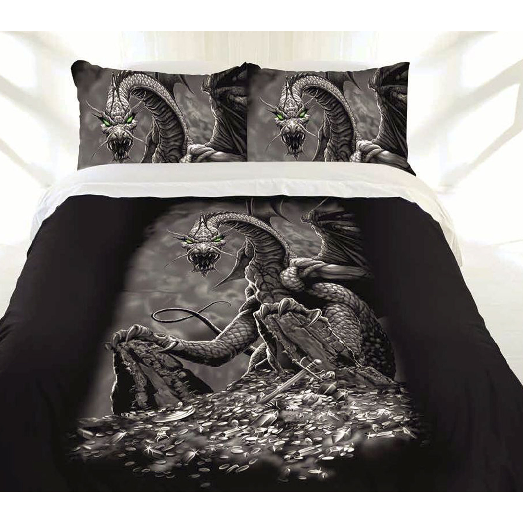 V442-LDE-QUILTCS-GREENEYEDDRAGON-BLACK-QS-77857-00 Just Home Green Eyed Dragon Quilt Cover Set Queen - Image 1