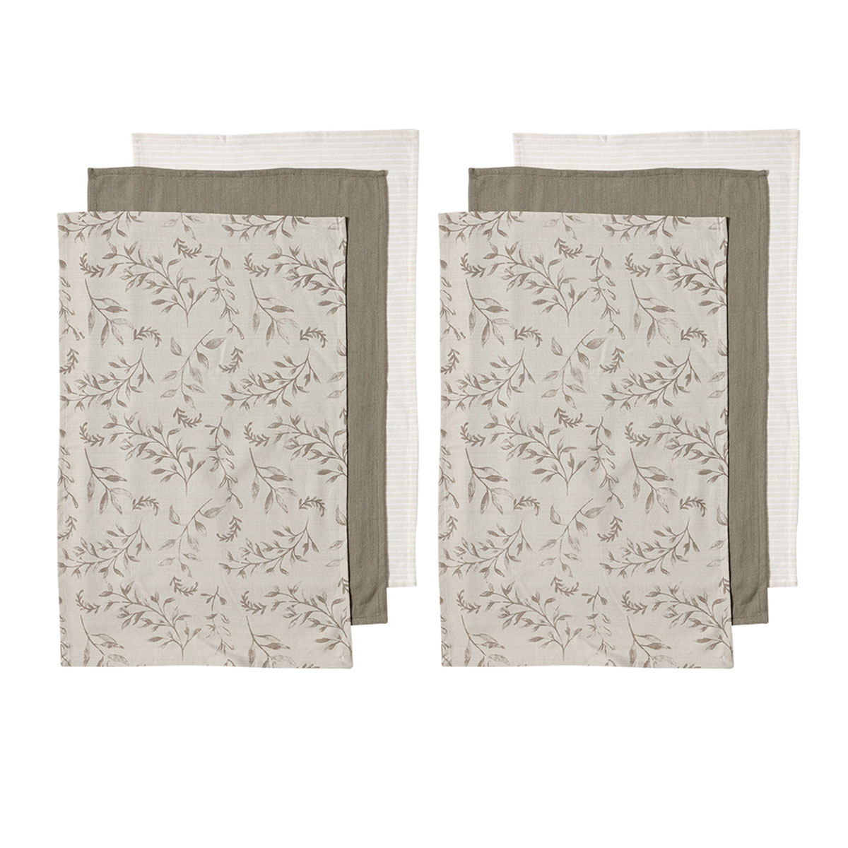 V442-LDE-TEAT-GROWNIVYSETOF6-TAUPE-RE-77949-00 Ladelle Grown Ivy Set of 6 Cotton Kitchen Towels Taupe - Image 1