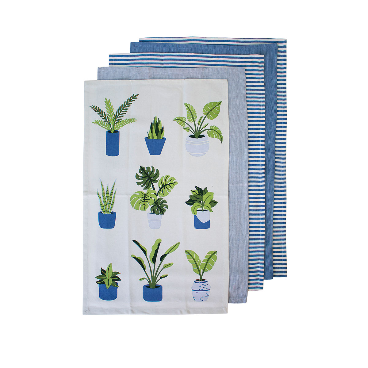 V442-LDE-TEAT-PLANTLIFESETOF5-BLUE-RE-77679-00 Ladelle Set of 5 Plant Life Cotton Kitchen Tea Towels 50 x 70 cm Blue - Image 1