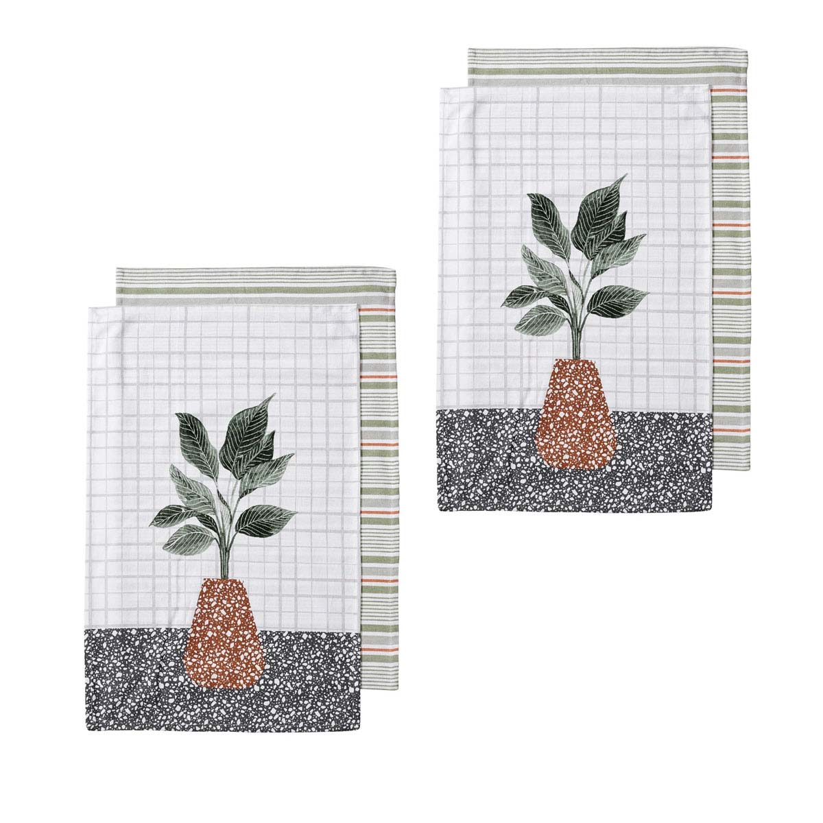 V442-LDE-TEAT-SETOF4REVIVEPLANTS-BROWN-RE-77926-00 Ladelle Revive Plants Set of 4 Cotton Kitchen Towels Brown Pot - Image 1