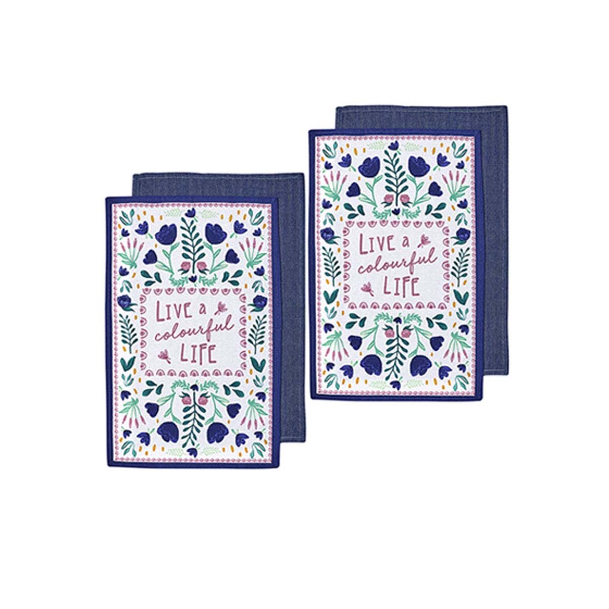 V442-LDE-TEAT-SETOF4VILLA-BLUE-RE-77934-00 Ladelle Villa Set of 4 Cotton Kitchen Towels Blue - Image 1