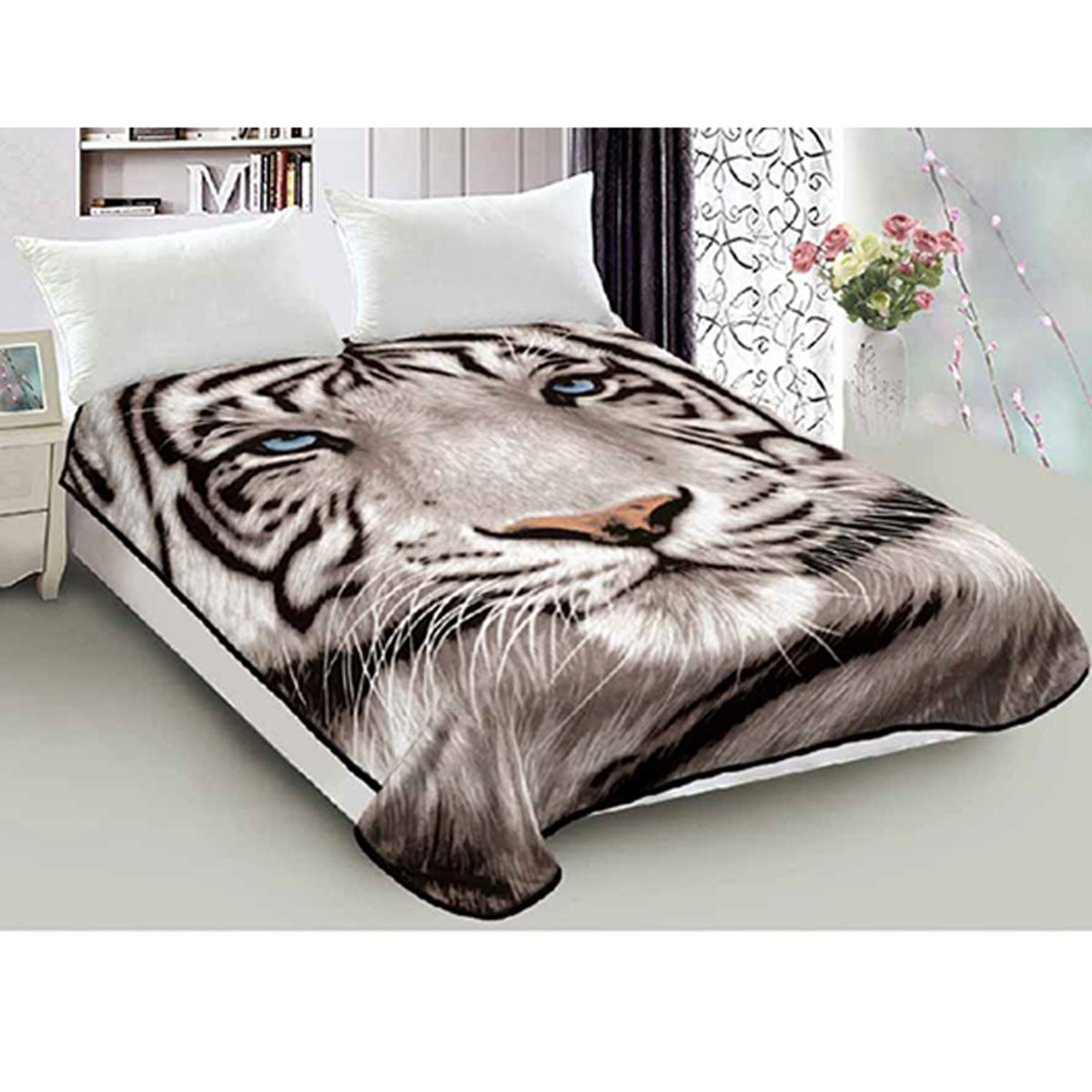 V442-LYL-BLANKET-2023BLUEEYETIGER-GREY-QS-189748-00 800GSM Luxury Reversible Animal Pattern Mink Blanket Queen 200 x 240 cm Blue-eyed Tiger - Image 1