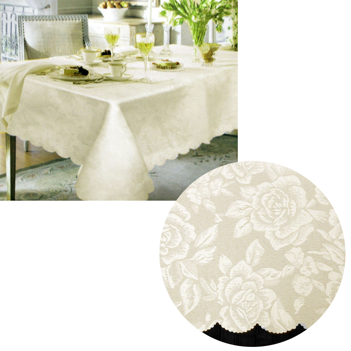 V442-LYL-TABLEC-JACQDAMASK180-CREAM-RE-189756-00 Jacquard Damask Design with Scalloped Edging Table Cloth Cream 140 x 180 cm - Image 1