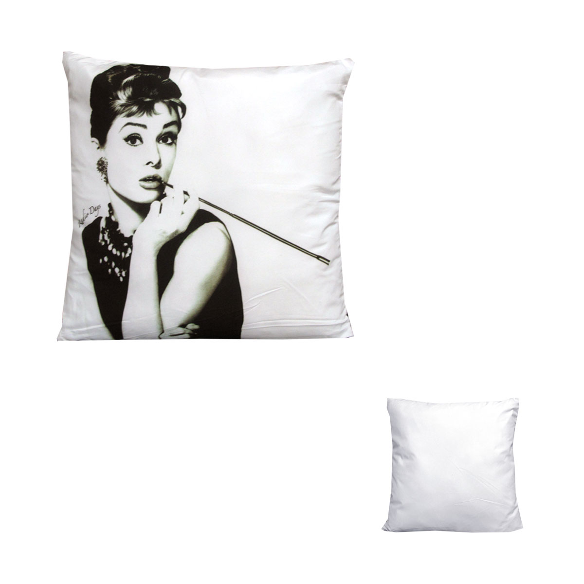 V442-MFL-CUSHION-BREAKFASTTIFFANY-WHITE-SQ-208822-00 Audrey Hepburn Breakfast at Tiffany's Square Filled Cushion 43 x 43 cm - Image 1