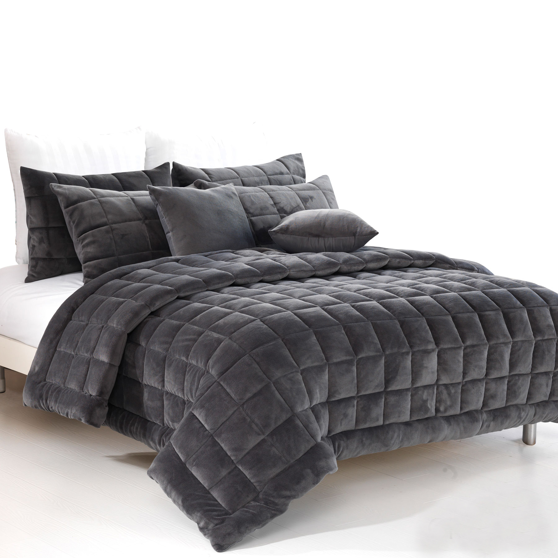 V442-MFL-QUILT-AUGUSTAMINK-CHARCOAL-KI-75124-00 Alastairs Augusta Faux Mink Quilt / Comforter Set Charcoal King - Image 1
