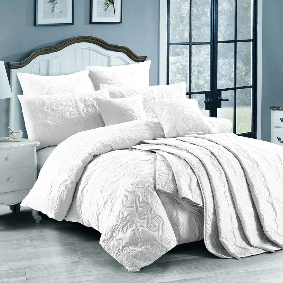 V442-MFL-QUILTCS-MARGUERITE-WHITE-DS-204241-00 Georges Fine Linens Marguerite Quilt Cover Set White - Double - Image 1