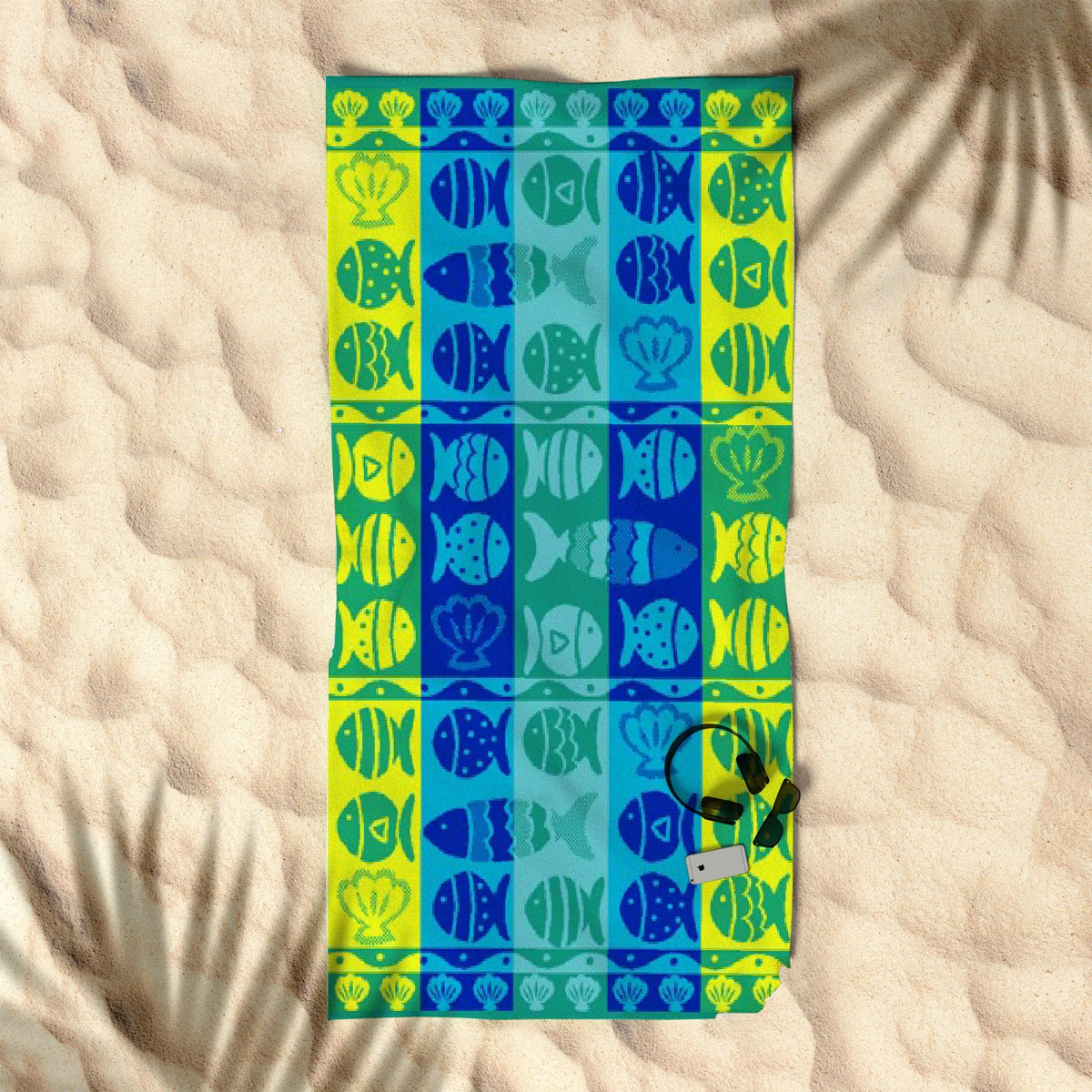 V442-RAN-TOWEL-2022FISHSHELL-BLUE-RE-77453-00 Rans Premium Cotton Jacquard Beach Towel Fish & Shell Blue - Image 1