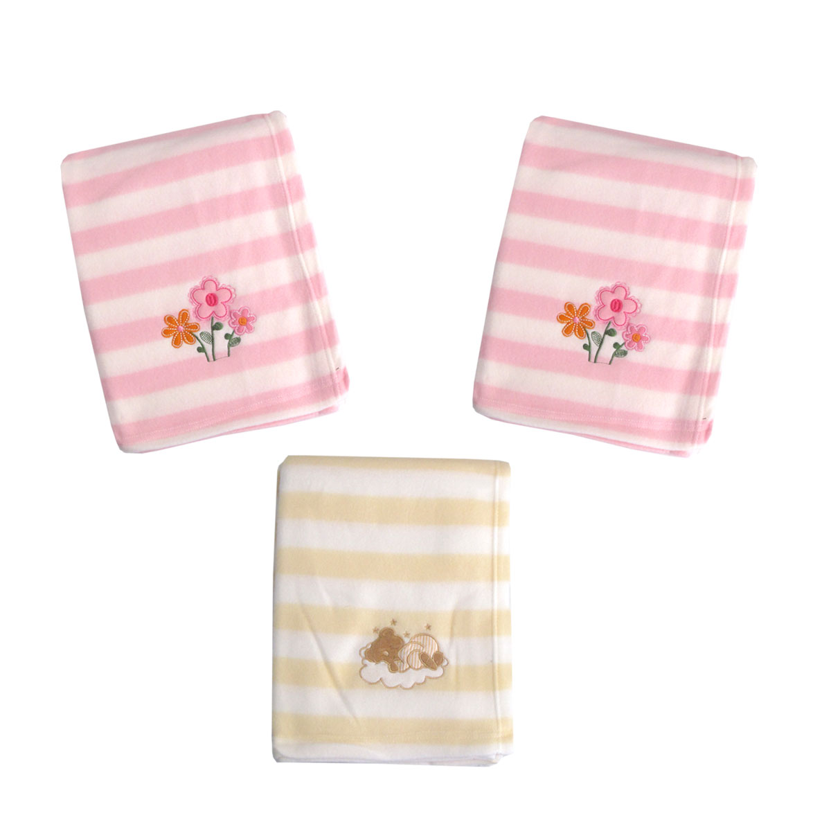 V442-STT-BLANKET-PACKOF3FLOWERSBABY-PINK-CT-202503241610-00 Living Home for Baby Girls Flowers and Bear Pack of 3 Embroidered Polar fleece Stripe Cot Blankets 100 x 140cm - Image 1