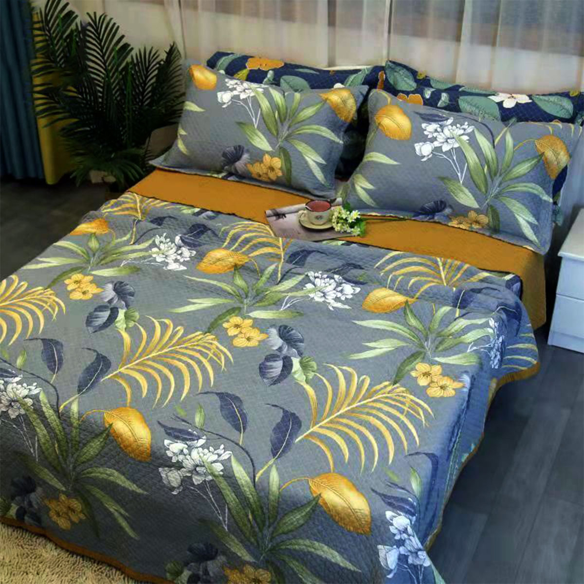 V442-STT-COVERLET-EMBPALM-CHARCOAL-QS-213091-00 100% Cotton Coverlet Set Embroidered Palm Queen - Image 1