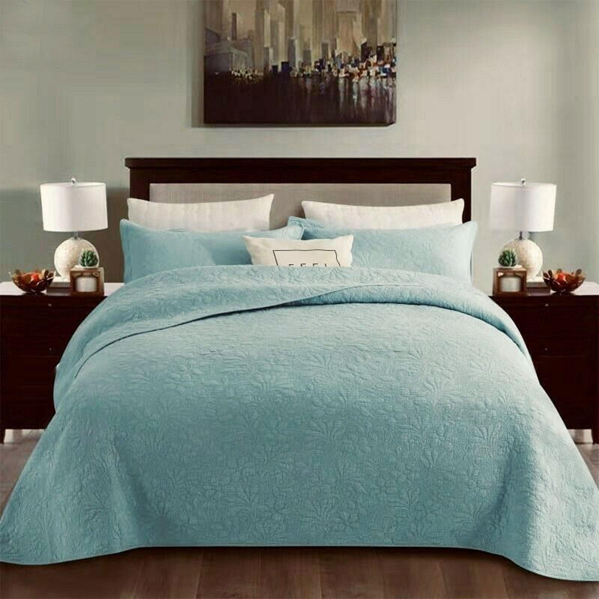 V442-STT-COVERLET-FLORAL-TURQUOISE-KI-209119-00 100% Cotton Coverlet Set Floral Turquoise King - Image 1