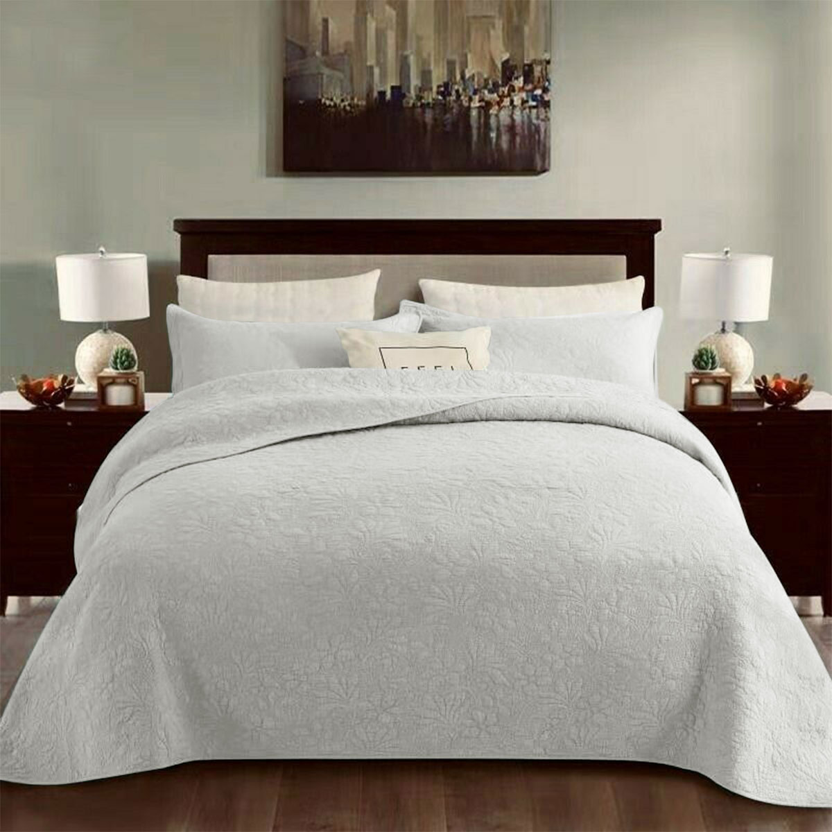 V442-STT-COVERLET-FLORAL-WHITE-QS-209270-00 100% Cotton Coverlet Set Floral White Queen - Image 1
