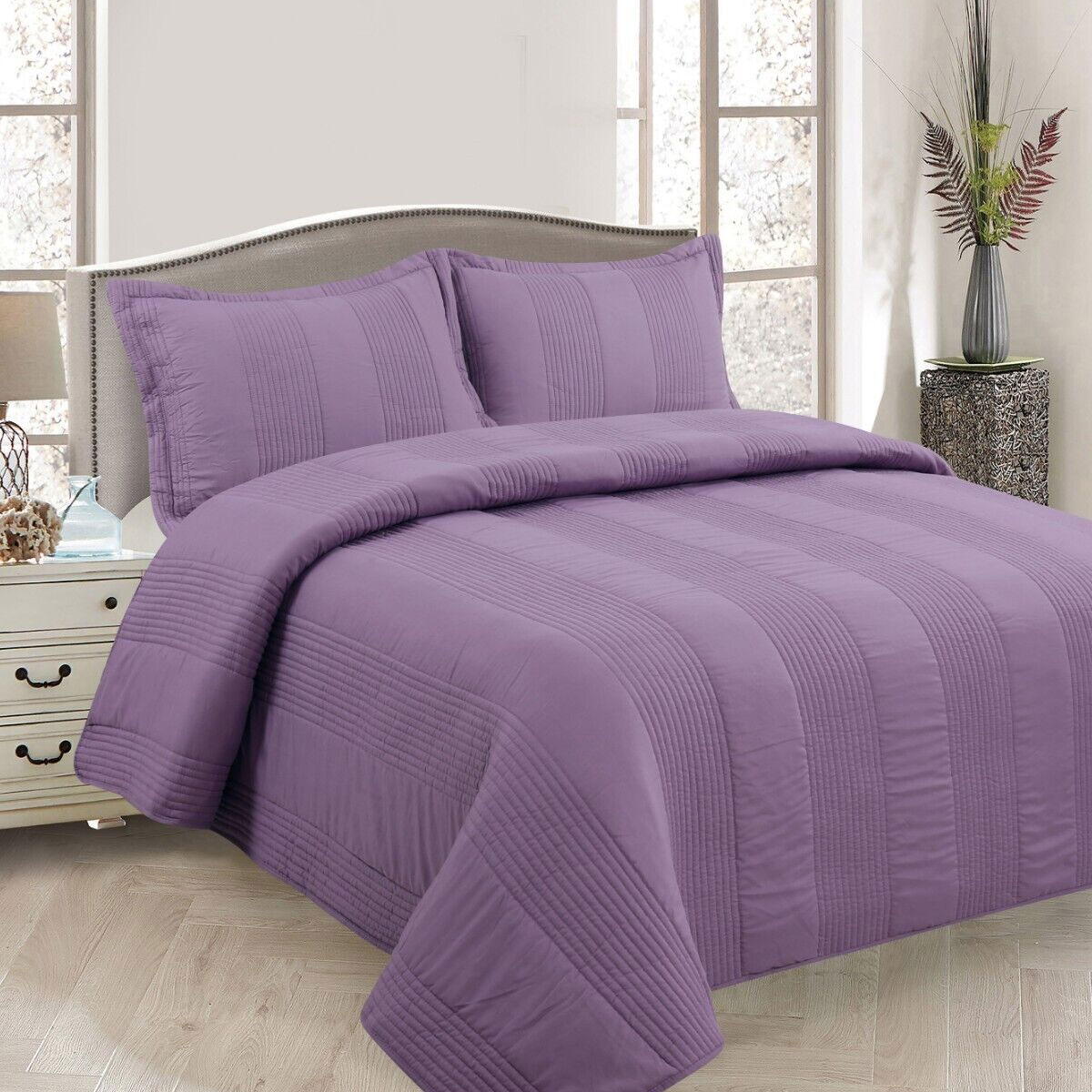 V442-STT-COVERLET-LEWIS-MAUVE-QS-209143-00 Lewis Mauve 3 Pce Lightly Quilted Polyester Cotton Coverlet Set Queen - Image 1